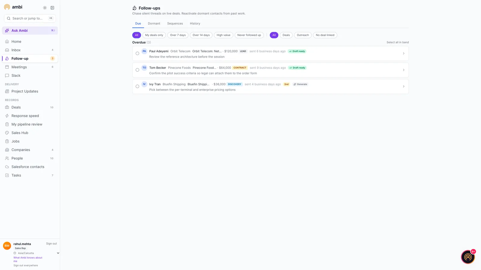 Follow-ups list showing three overdue threads with drafts ready