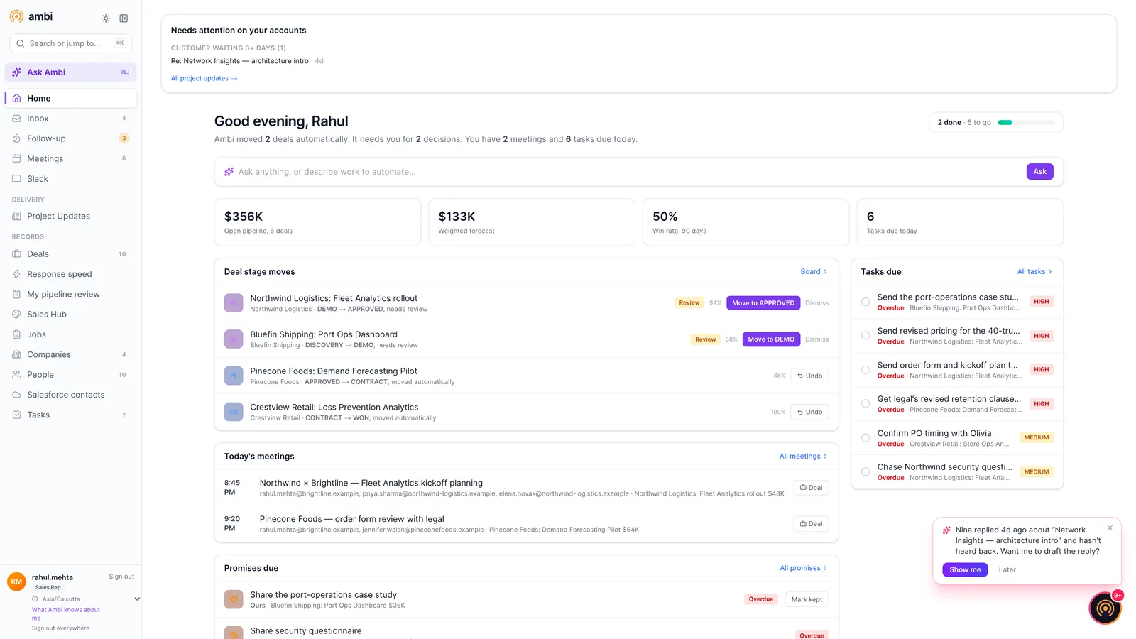 A rep's home page with deal stage moves, meetings, tasks due and a reply nudge