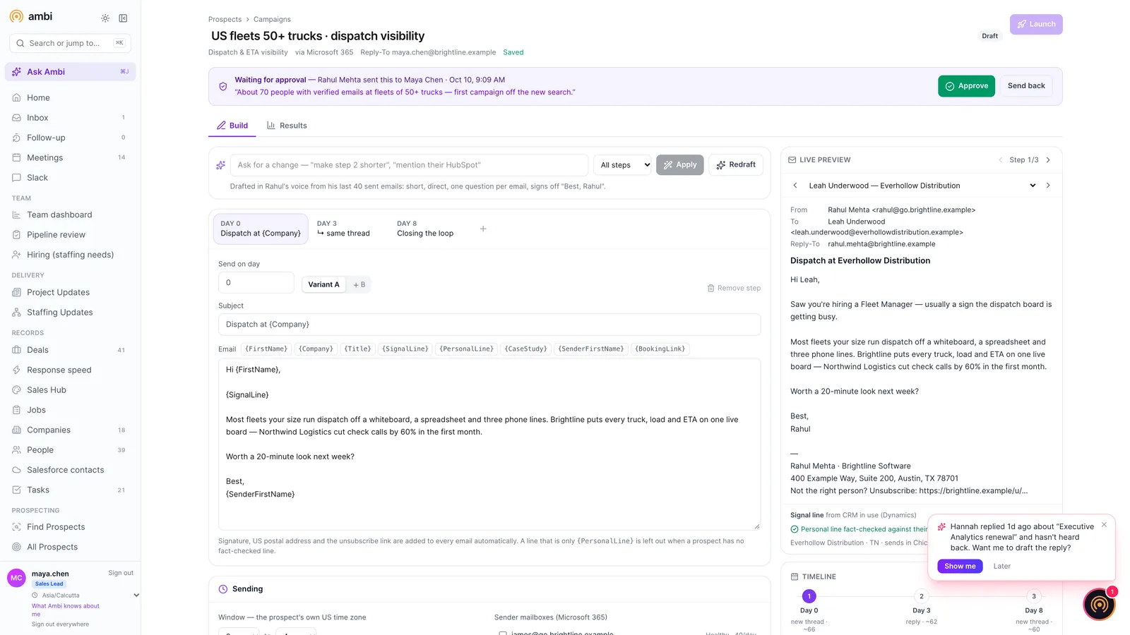 Campaign builder showing a drafted email sequence waiting for approval