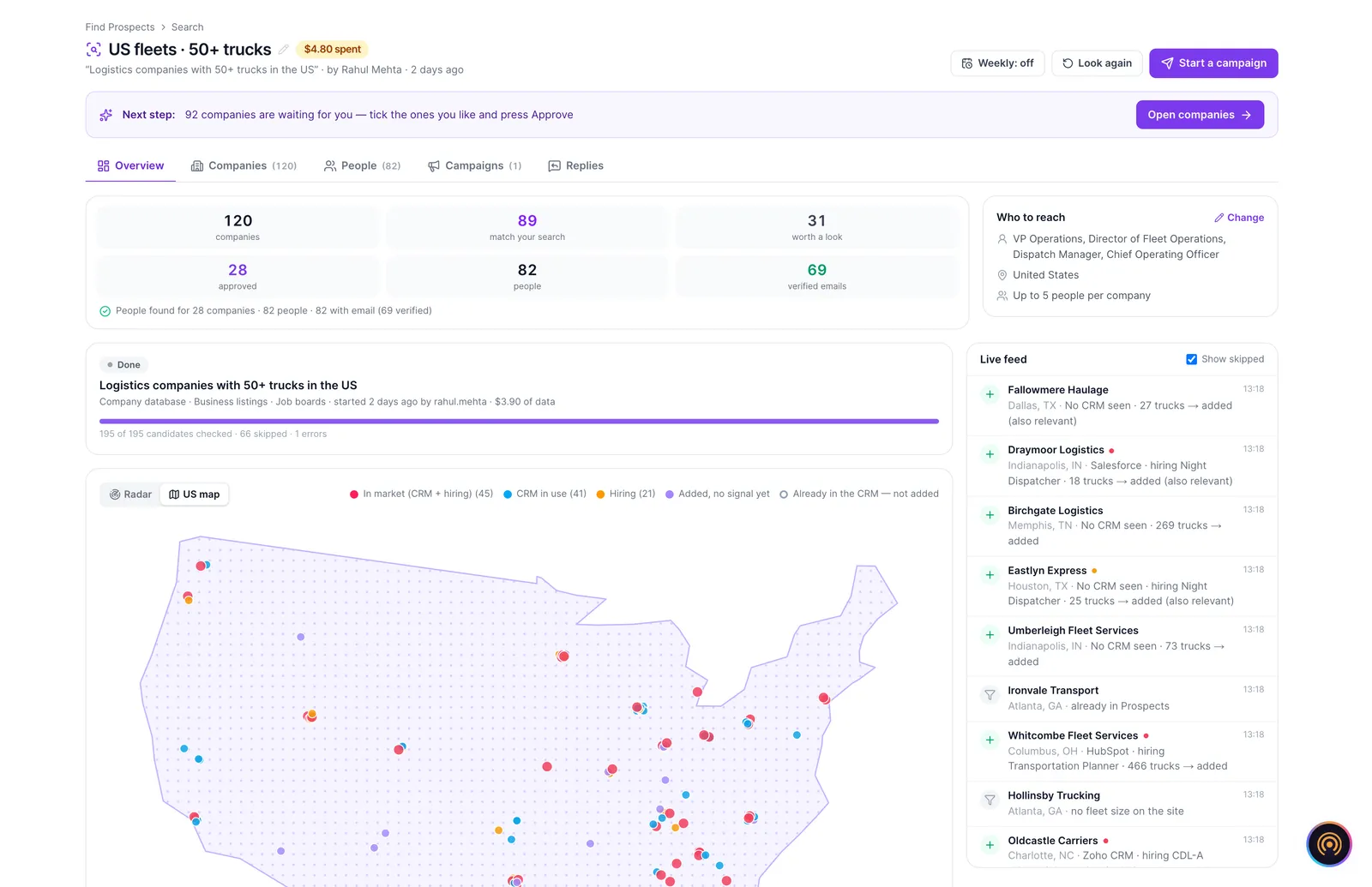 Prospecting search showing matched companies on a US map with a live feed