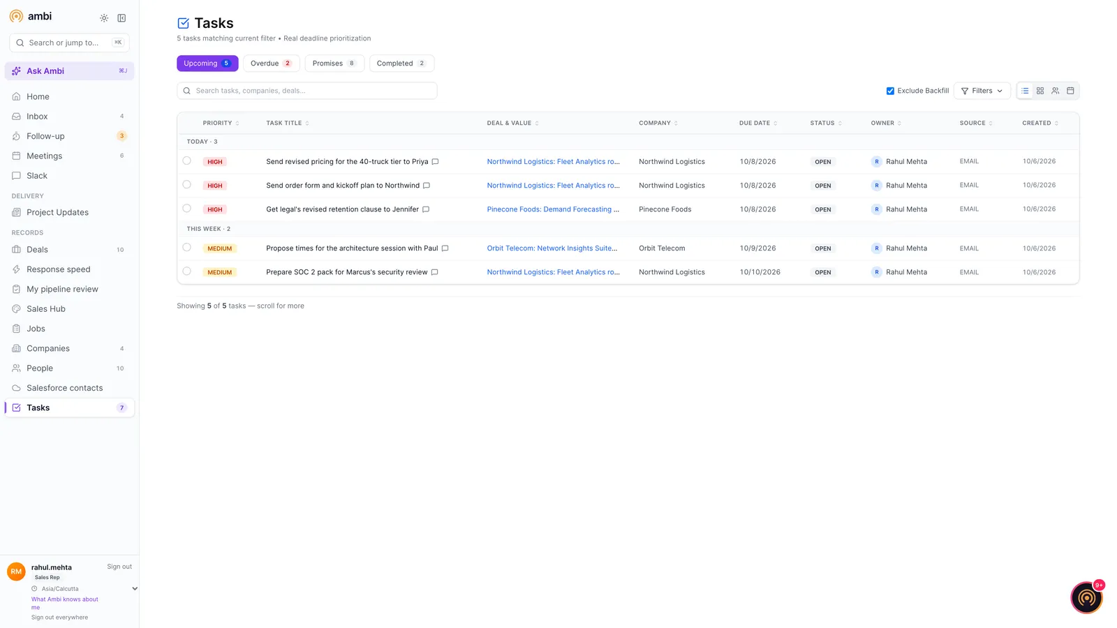 Tasks list with due and overdue tasks taken from emails